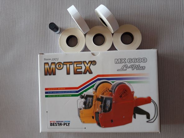 Dvouřádkové etiketovací kleště MOTEX MX 6600 PLUS - STARTOVACÍ SADA KOMPLETNÍ / 1x kleště + 5x etiketa Motex 16x23 + 1x náhradní barvící váleček /