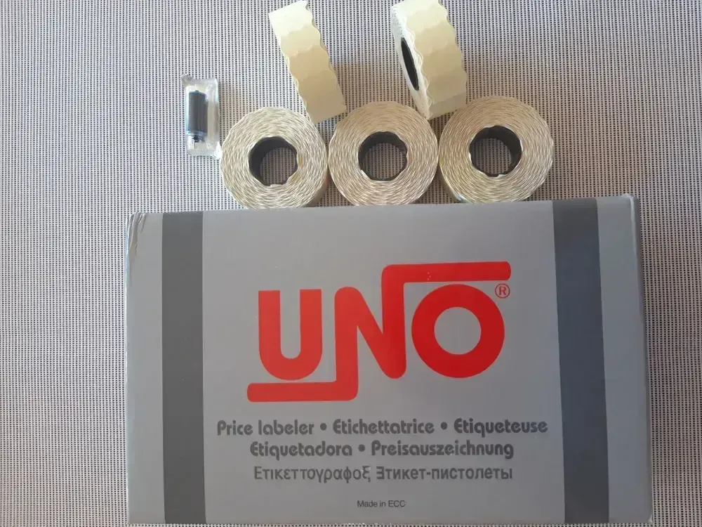 Jednořádkové etiketovací kleště UNO P8 - STARTOVACÍ SADA KOMPLETNÍ / 1x kleště + 5x etiketa Contact 22x12 + 1x náhradní barvící váleček /